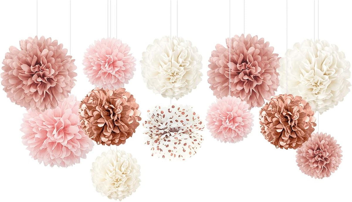 Wedding Decorations Rose Gold Pink White Paper Pom Poms,12PCS