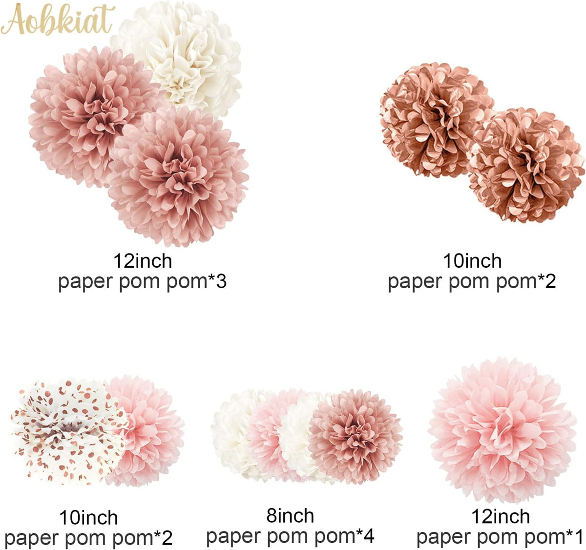 Wedding Decorations Rose Gold Pink White Paper Pom Poms,12PCS
