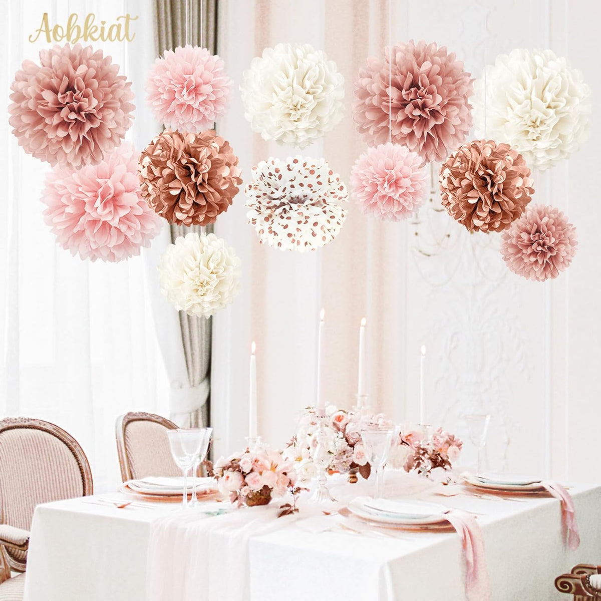 Wedding Decorations Rose Gold Pink White Paper Pom Poms,12PCS