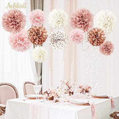 Wedding Decorations Rose Gold Pink White Paper Pom Poms,12PCS
