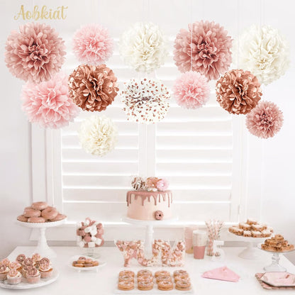 Wedding Decorations Rose Gold Pink White Paper Pom Poms,12PCS