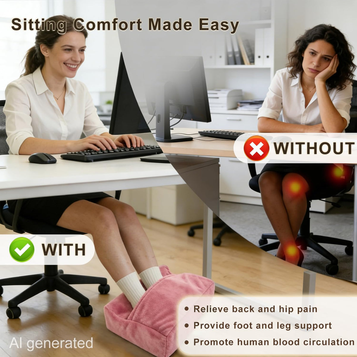 Underdesk Foot Rest for Office with Warm Pocket, High Density Foam - Pink