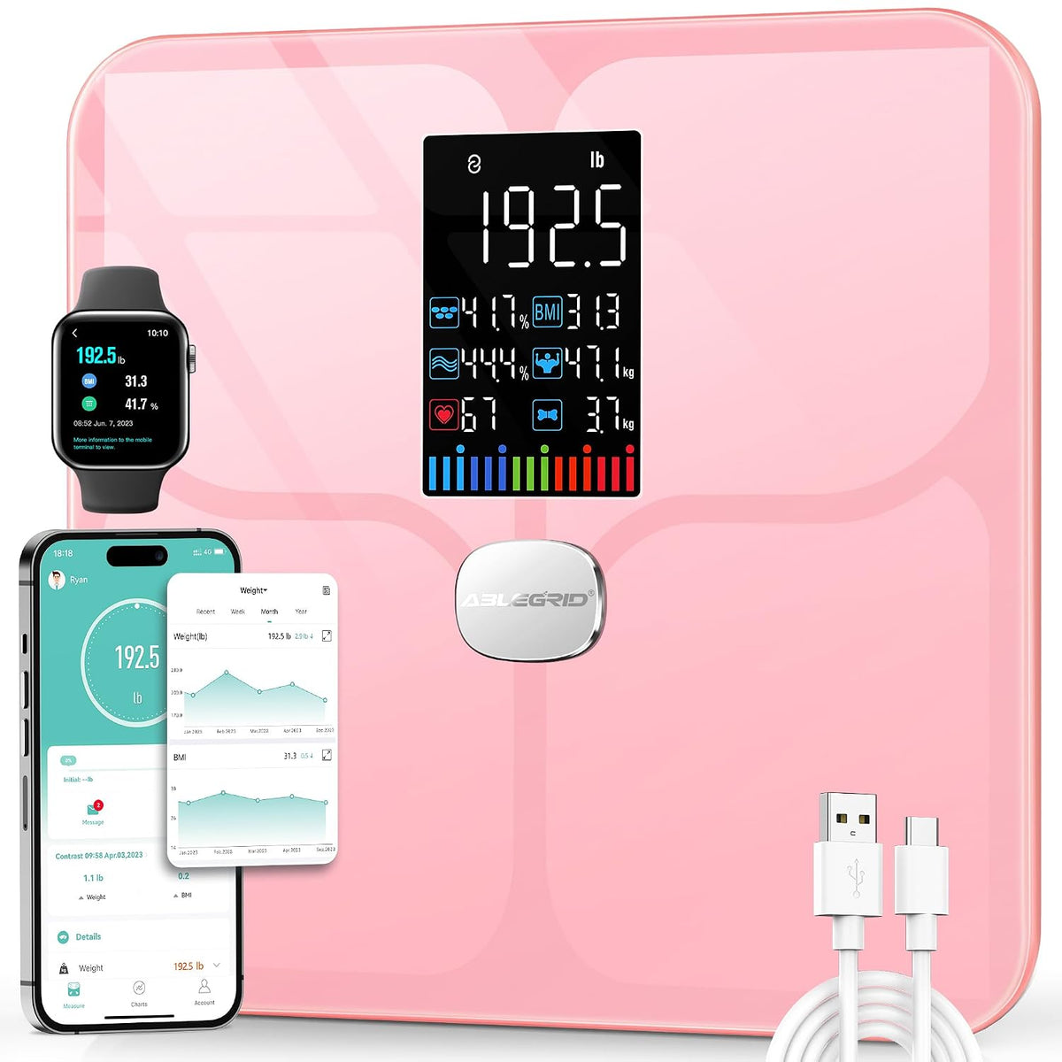 Smart Bathroom Scale for Body Weight and Fat, Rechargeable