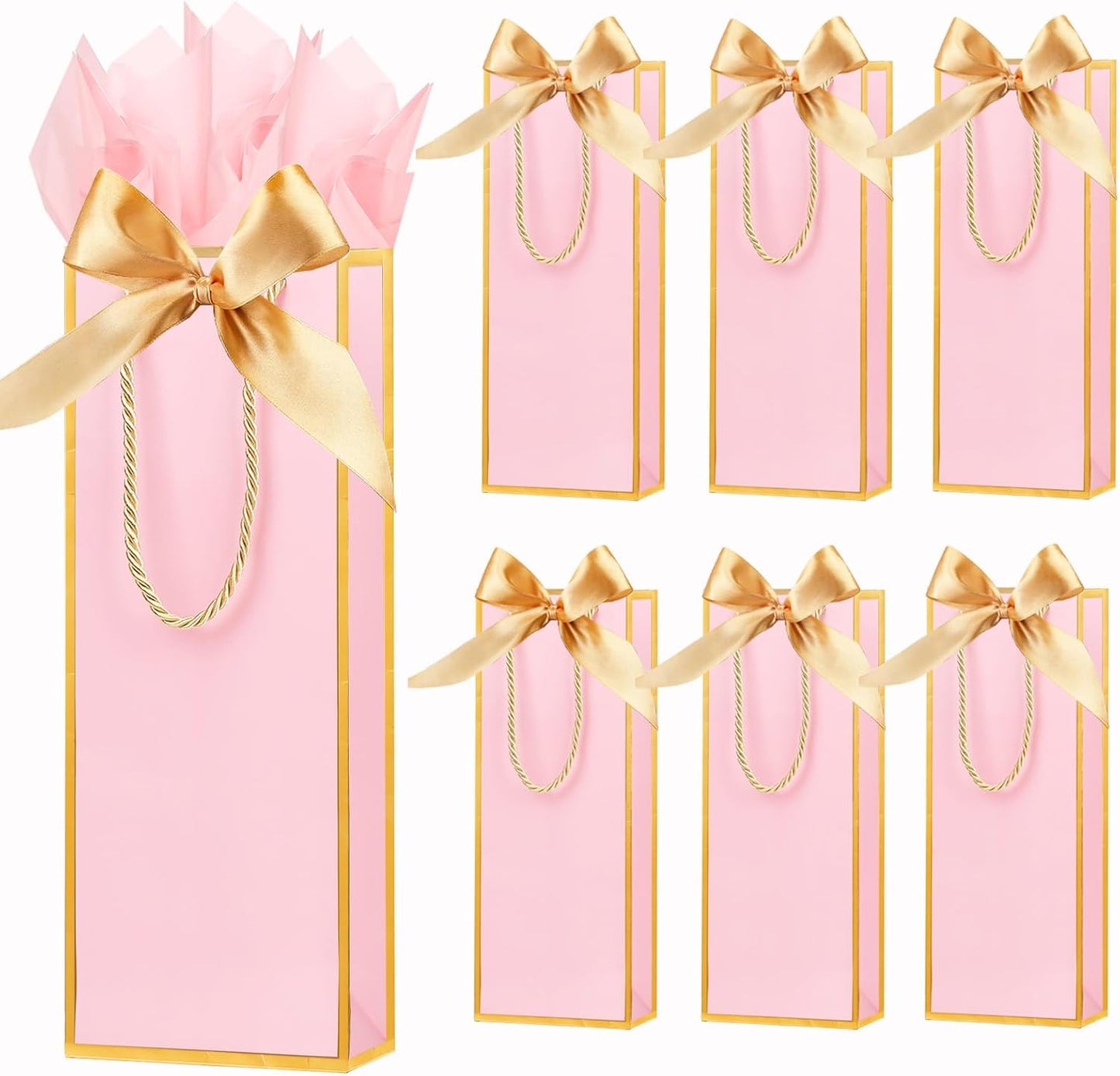 6 Pack Wine Gift Bags with Tissue Paper Wine Bottle Paper Bags with Bow Ribbon for Wedding Birthday Christmas Retirement Party Supplies (Pink)