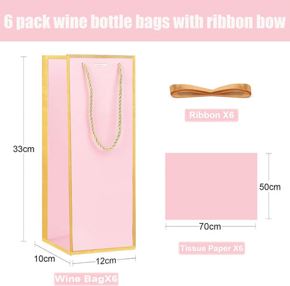 6 Pack Wine Gift Bags with Tissue Paper Wine Bottle Paper Bags with Bow Ribbon for Wedding Birthday Christmas Retirement Party Supplies (Pink)