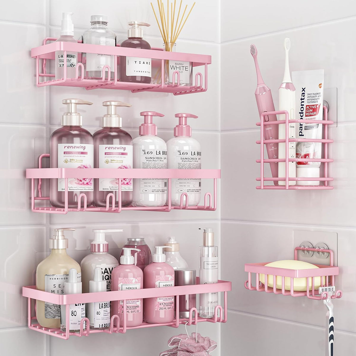 5 Pack Shower Caddy for Inside Shower, Pink Bathroom Decor Set
