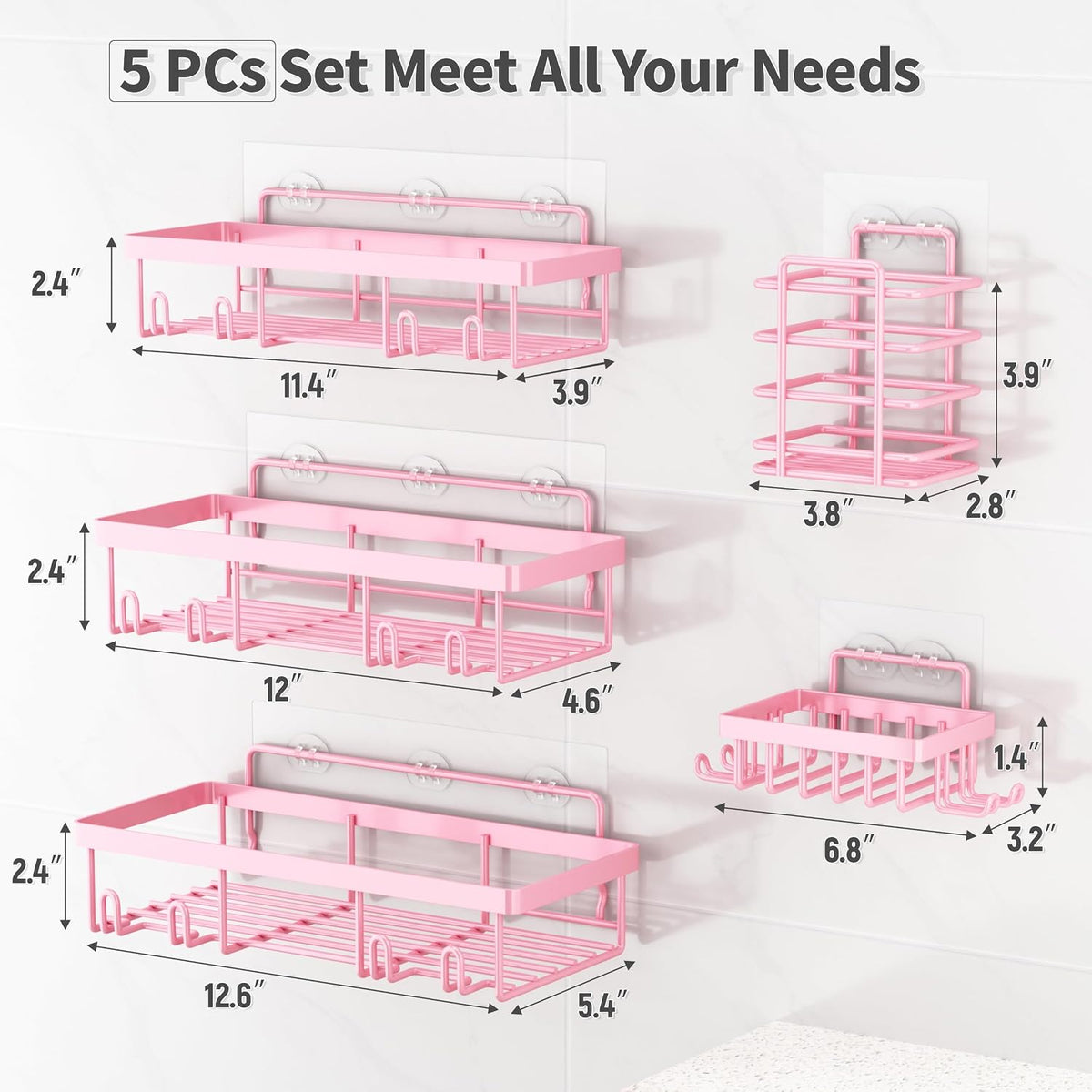 5 Pack Shower Caddy for Inside Shower, Pink Bathroom Decor Set
