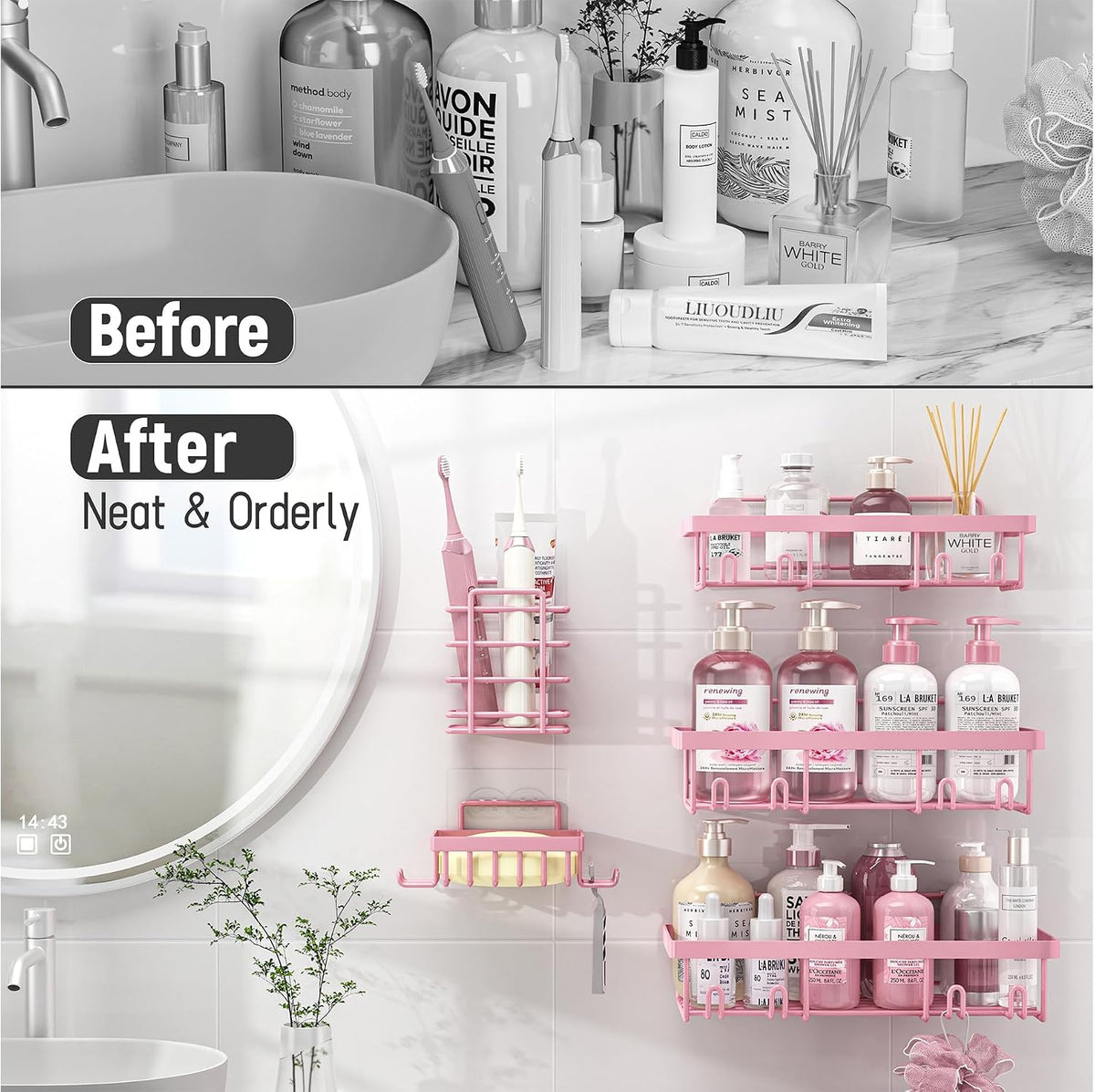 5 Pack Shower Caddy for Inside Shower, Pink Bathroom Decor Set