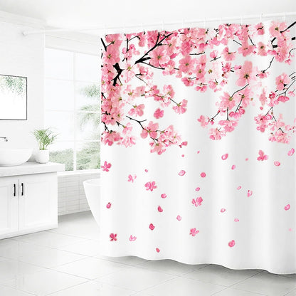 Pink Cherry Blossom Shower Curtains for Bathroom, Watercolor Floral Shower Curtain Sets Waterproof Plant Shower Curtain Bathroom Curtains Set 72x72 inch with Hooks (Pick, 72" W x 72" L)