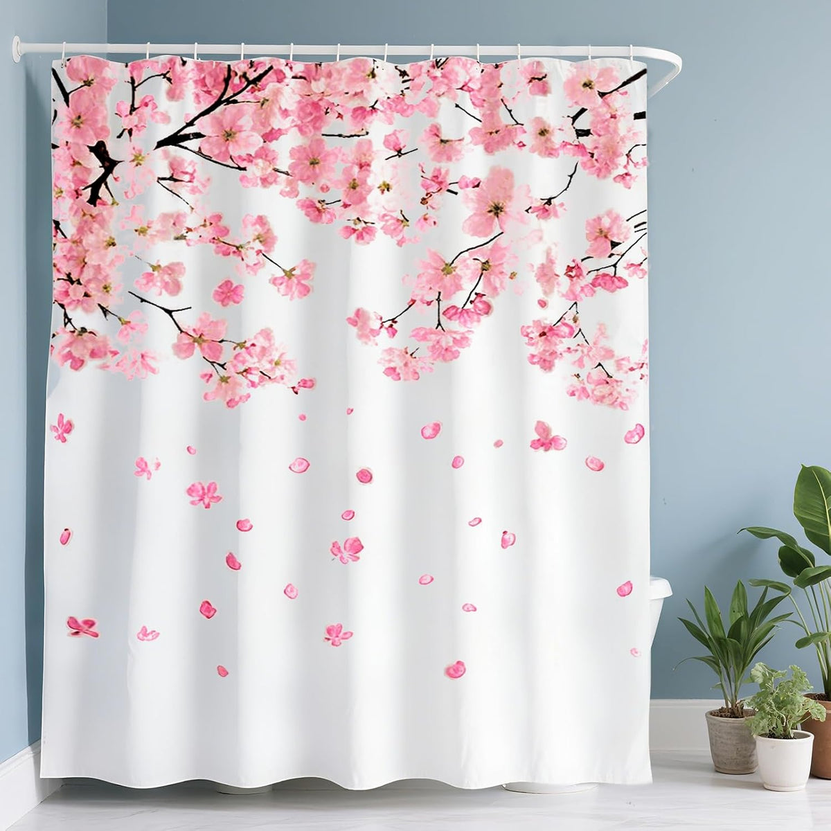 Pink Cherry Blossom Shower Curtains for Bathroom, Watercolor Floral Shower Curtain Sets Waterproof Plant Shower Curtain Bathroom Curtains Set 72x72 inch with Hooks (Pick, 72" W x 72" L)
