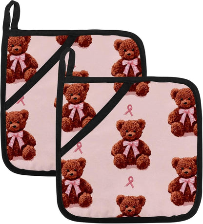 Heat Resistant Pot Holder Set, Cute Bear with Bow on Light Pink Background Hot Pads Potholder for Kitchen, Washable Oven Mitts for Cooking Baking Pans