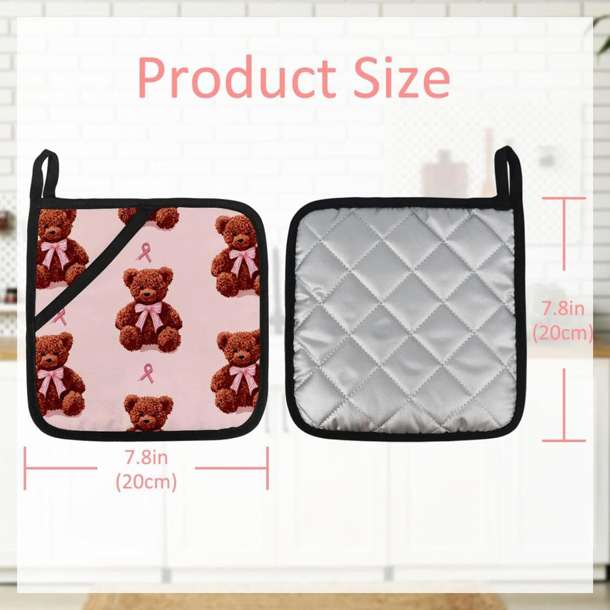 Heat Resistant Pot Holder Set, Cute Bear with Bow on Light Pink Background Hot Pads Potholder for Kitchen, Washable Oven Mitts for Cooking Baking Pans
