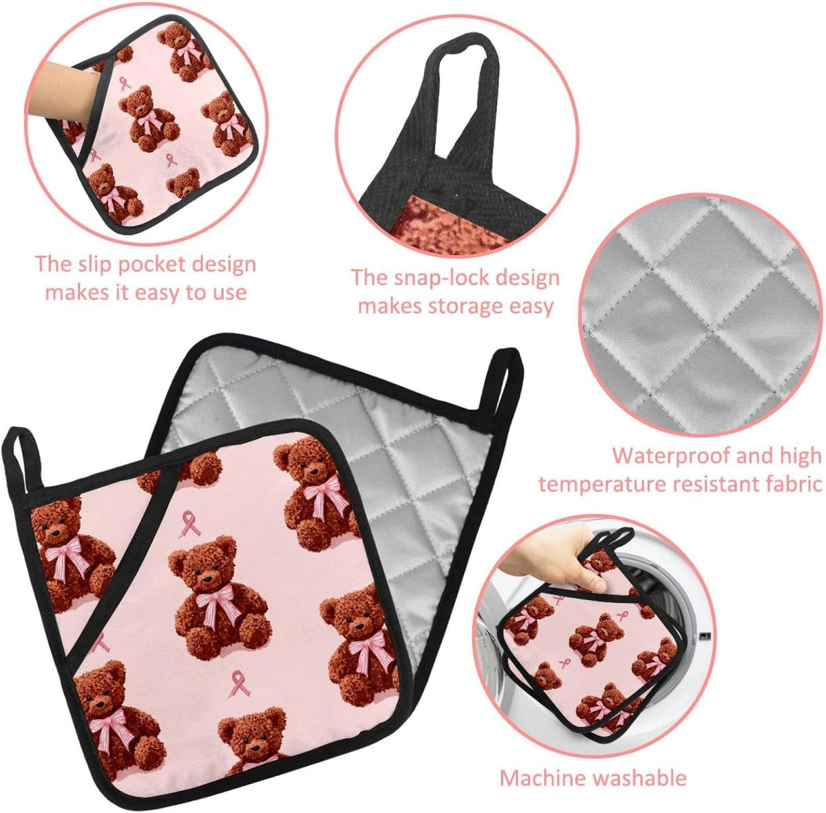 Heat Resistant Pot Holder Set, Cute Bear with Bow on Light Pink Background Hot Pads Potholder for Kitchen, Washable Oven Mitts for Cooking Baking Pans