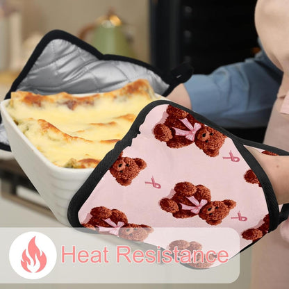 Heat Resistant Pot Holder Set, Cute Bear with Bow on Light Pink Background Hot Pads Potholder for Kitchen, Washable Oven Mitts for Cooking Baking Pans