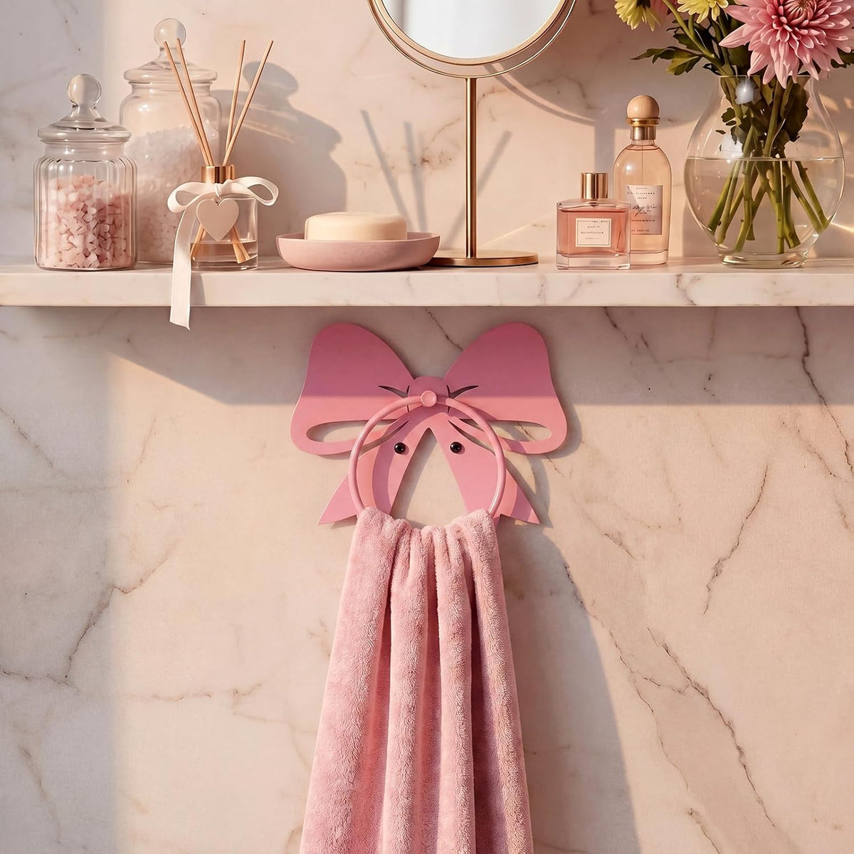 Pink Bow Towel Holder for Bathroom Coquette Metal Towel Ring Hanger Wall Mounted Pink Bow Bathroom Decor Heavy Duty for Women Girls Kitchen Home Decor Gift