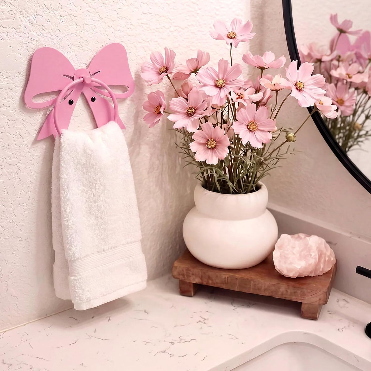 Pink Bow Towel Holder for Bathroom Coquette Metal Towel Ring Hanger Wall Mounted Pink Bow Bathroom Decor Heavy Duty for Women Girls Kitchen Home Decor Gift