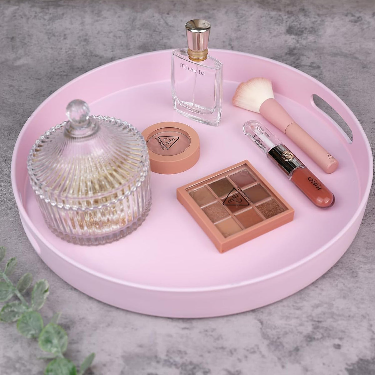 Round Pink Decorative Serving Tray with Handles, 13” Versatile Ottoman Tray for Coffee Table, Entertaining, Outdoor Patio, Living Room