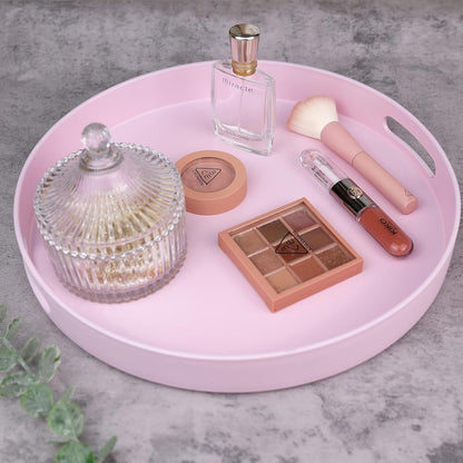 Round Pink Decorative Serving Tray with Handles, 13” Versatile Ottoman Tray for Coffee Table, Entertaining, Outdoor Patio, Living Room