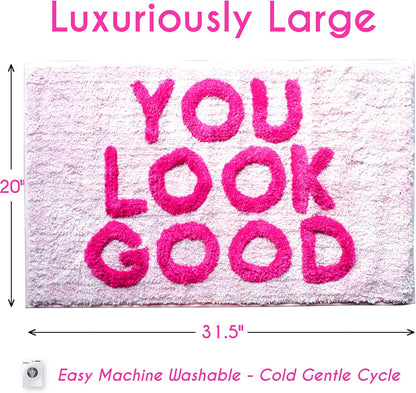 You Look Good Bath Mat Funny Cute Bathroom Rugs for Girls Hello Gorgeous Beautiful Funny Shower Fun Bathroom Decor Non-Slip Washable Kids Women Light Pink Blush Hot Pink