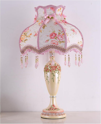 Victorian Style Table Lamp Pink Handmade Princess Lamp Lace Fabric Lampshade, Traditional Resin Flower Carved Base Side Lamp for Living Room Family Bedroom, 13" W, 21.6" H.