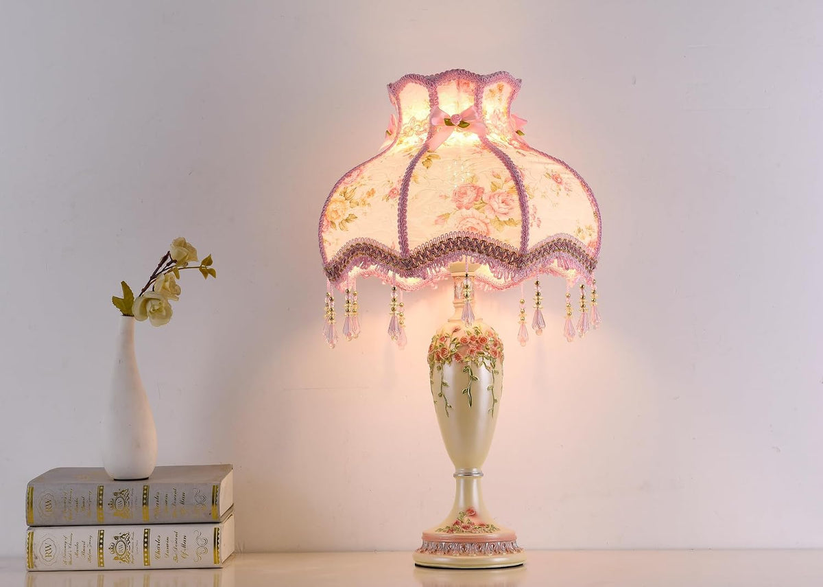 Victorian Style Table Lamp Pink Handmade Princess Lamp Lace Fabric Lampshade, Traditional Resin Flower Carved Base Side Lamp for Living Room Family Bedroom, 13" W, 21.6" H.