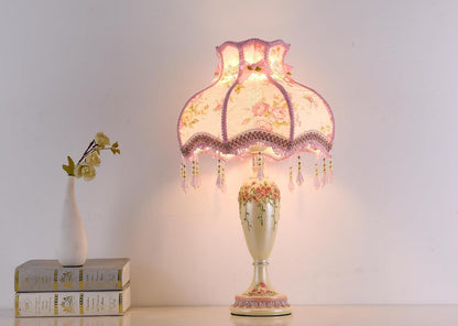 Victorian Style Table Lamp Pink Handmade Princess Lamp Lace Fabric Lampshade, Traditional Resin Flower Carved Base Side Lamp for Living Room Family Bedroom, 13" W, 21.6" H.