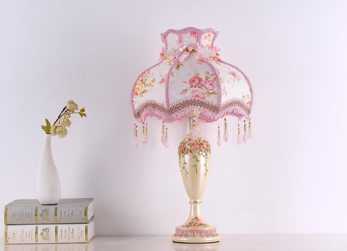 Victorian Style Table Lamp Pink Handmade Princess Lamp Lace Fabric Lampshade, Traditional Resin Flower Carved Base Side Lamp for Living Room Family Bedroom, 13" W, 21.6" H.