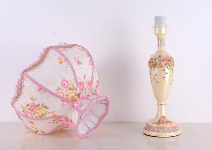 Victorian Style Table Lamp Pink Handmade Princess Lamp Lace Fabric Lampshade, Traditional Resin Flower Carved Base Side Lamp for Living Room Family Bedroom, 13" W, 21.6" H.