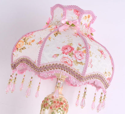 Victorian Style Table Lamp Pink Handmade Princess Lamp Lace Fabric Lampshade, Traditional Resin Flower Carved Base Side Lamp for Living Room Family Bedroom, 13" W, 21.6" H.