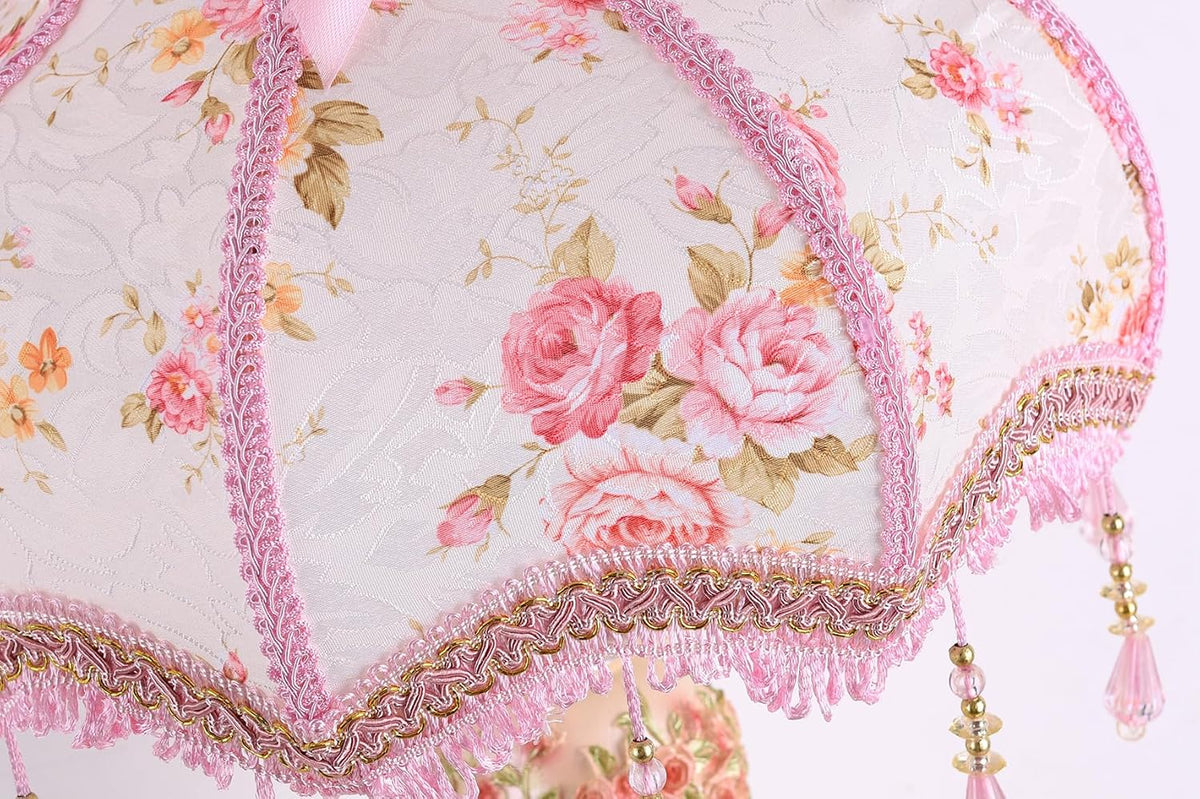 Victorian Style Table Lamp Pink Handmade Princess Lamp Lace Fabric Lampshade, Traditional Resin Flower Carved Base Side Lamp for Living Room Family Bedroom, 13" W, 21.6" H.