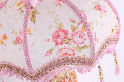 Victorian Style Table Lamp Pink Handmade Princess Lamp Lace Fabric Lampshade, Traditional Resin Flower Carved Base Side Lamp for Living Room Family Bedroom, 13" W, 21.6" H.