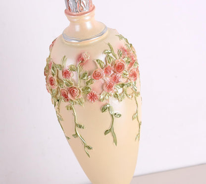 Victorian Style Table Lamp Pink Handmade Princess Lamp Lace Fabric Lampshade, Traditional Resin Flower Carved Base Side Lamp for Living Room Family Bedroom, 13" W, 21.6" H.