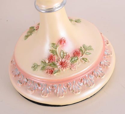 Victorian Style Table Lamp Pink Handmade Princess Lamp Lace Fabric Lampshade, Traditional Resin Flower Carved Base Side Lamp for Living Room Family Bedroom, 13" W, 21.6" H.