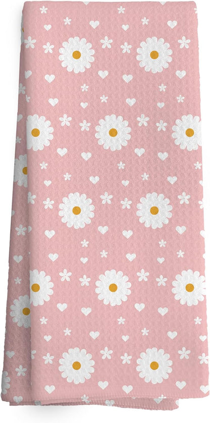 Pink Daisy Kitchen Towels Dish Towel 16x24 Inches, Floral Kitchen Towels, Boho Daisy Flower Spring Floral Decorative Absorbent Dishcloths Tea Towels for Kitchen Bathroom Decor