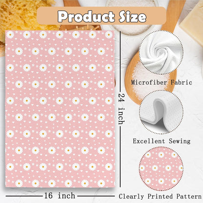 Pink Daisy Kitchen Towels Dish Towel 16x24 Inches, Floral Kitchen Towels, Boho Daisy Flower Spring Floral Decorative Absorbent Dishcloths Tea Towels for Kitchen Bathroom Decor