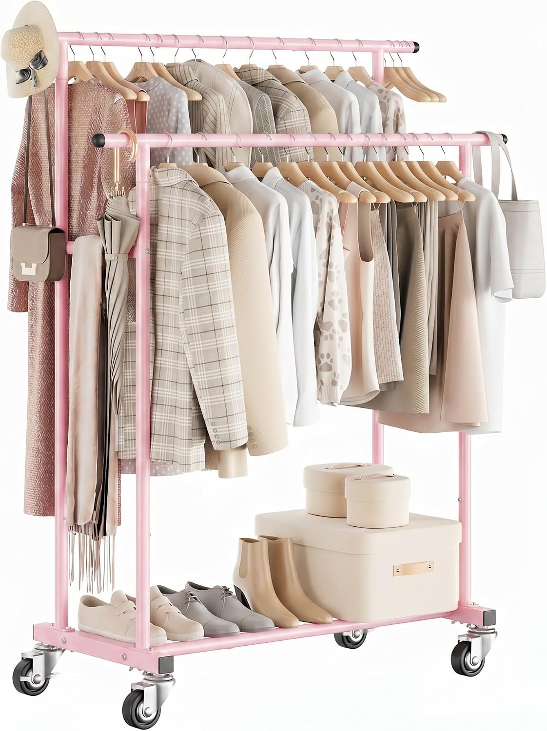 Rolling Garment Rack, Sturdy Clothes Organizer for Bedroom