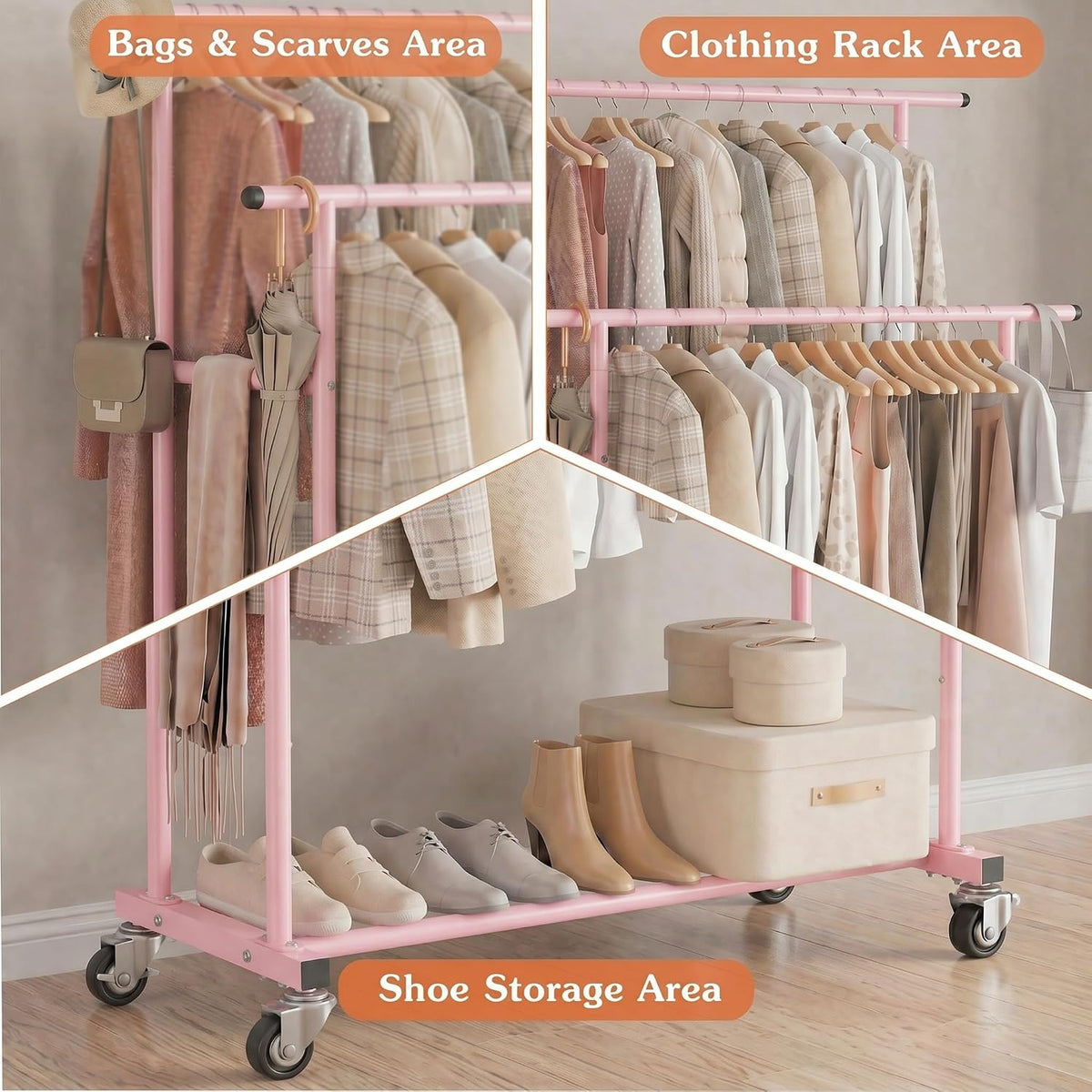 Rolling Garment Rack, Sturdy Clothes Organizer for Bedroom