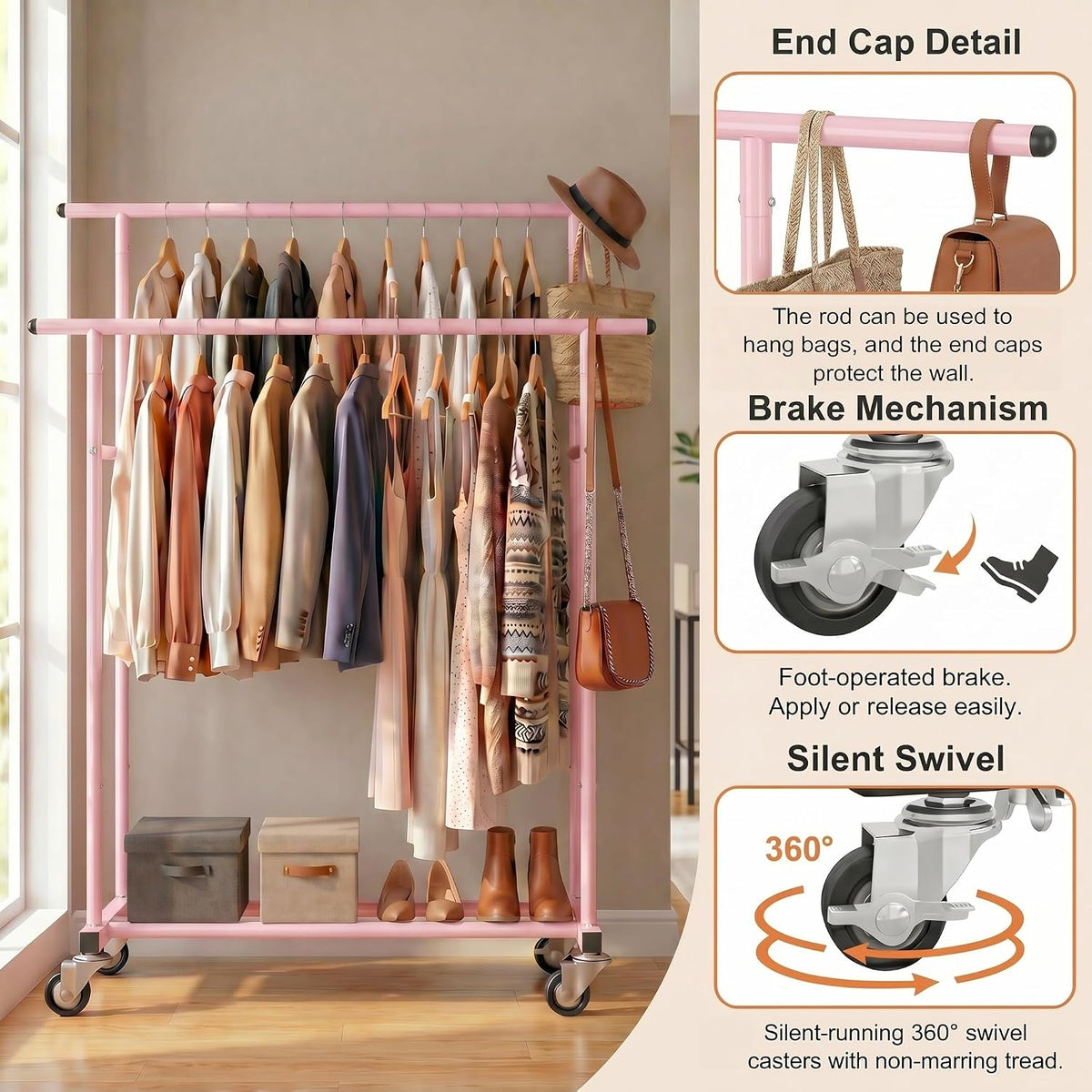 Rolling Garment Rack, Sturdy Clothes Organizer for Bedroom
