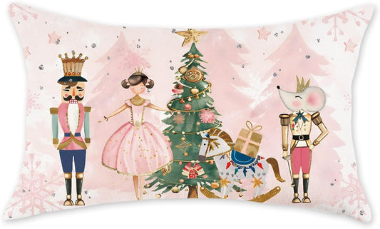 Christmas Pillow Cover 12x20 Inch Pink Nutcracker Xmas Decorative Pillowcase Farmhouse Winter Holiday Lumbar Cushion Case for Sofa Couch Home Decor