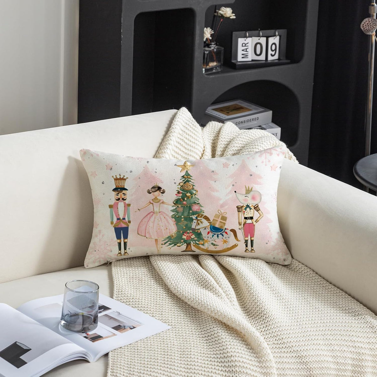 Christmas Pillow Cover 12x20 Inch Pink Nutcracker Xmas Decorative Pillowcase Farmhouse Winter Holiday Lumbar Cushion Case for Sofa Couch Home Decor
