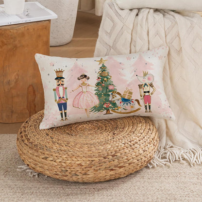 Christmas Pillow Cover 12x20 Inch Pink Nutcracker Xmas Decorative Pillowcase Farmhouse Winter Holiday Lumbar Cushion Case for Sofa Couch Home Decor