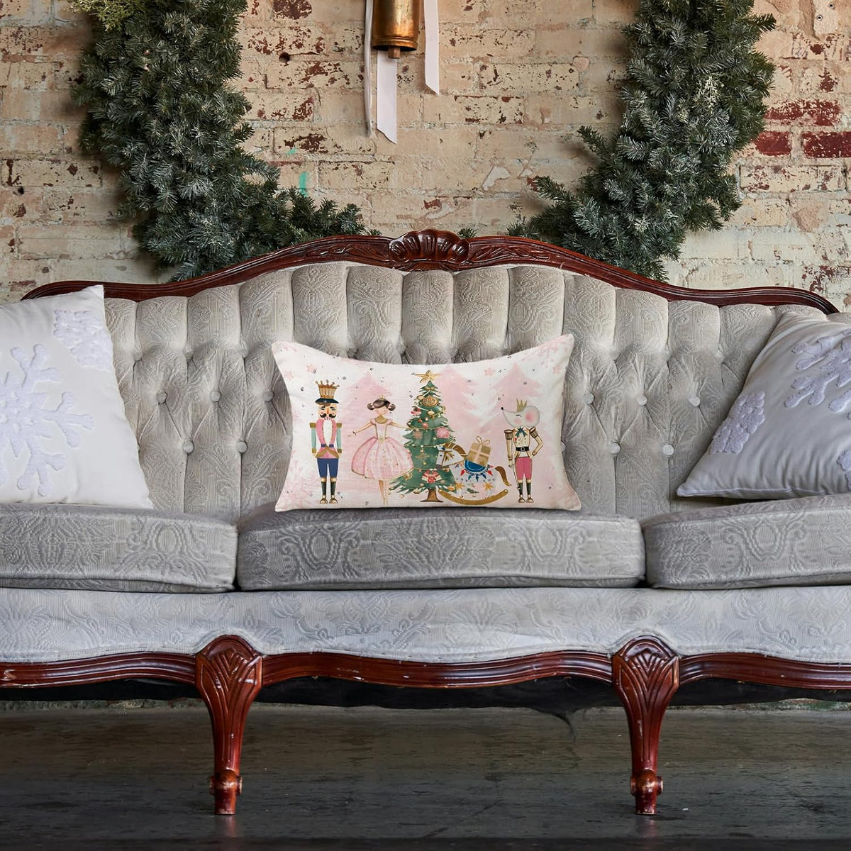 Christmas Pillow Cover 12x20 Inch Pink Nutcracker Xmas Decorative Pillowcase Farmhouse Winter Holiday Lumbar Cushion Case for Sofa Couch Home Decor