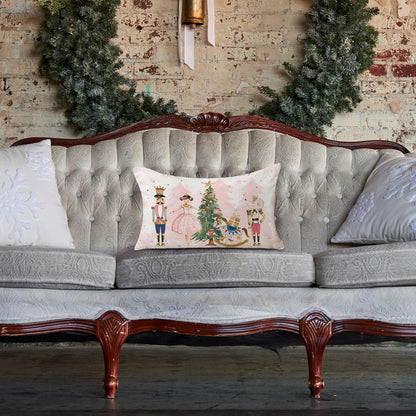 Christmas Pillow Cover 12x20 Inch Pink Nutcracker Xmas Decorative Pillowcase Farmhouse Winter Holiday Lumbar Cushion Case for Sofa Couch Home Decor