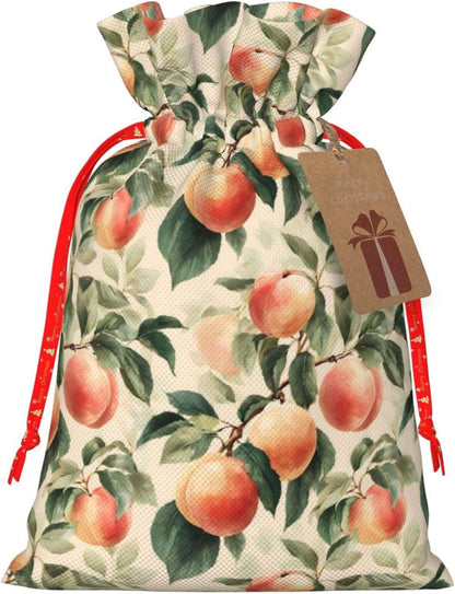 Peach Print Christmas Drawstring Gift Bags, Reusable Candy Treat Bags For Holiday Birthday Party
