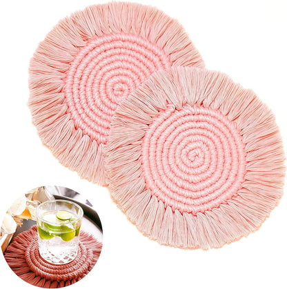 Boho Coasters Set of 2, Cute & Absorbent Drink Coasters for Mugs and Cups, Handmade Woven Macrame Cotton Coaster Pad, Home Decor Table Mat Housewarming Gift (Blush Pink)
