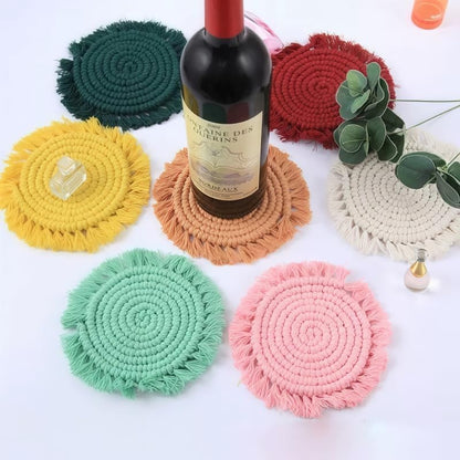Boho Coasters Set of 2, Cute & Absorbent Drink Coasters for Mugs and Cups, Handmade Woven Macrame Cotton Coaster Pad, Home Decor Table Mat Housewarming Gift (Blush Pink)
