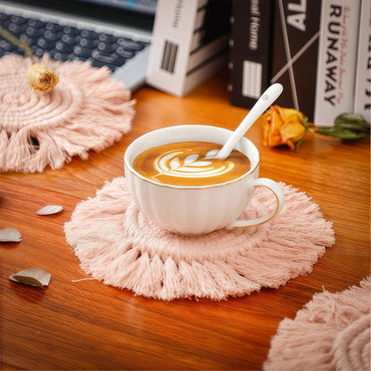 Boho Coasters Set of 2, Cute & Absorbent Drink Coasters for Mugs and Cups, Handmade Woven Macrame Cotton Coaster Pad, Home Decor Table Mat Housewarming Gift (Blush Pink)