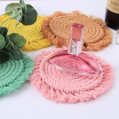 Boho Coasters Set of 2, Cute & Absorbent Drink Coasters for Mugs and Cups, Handmade Woven Macrame Cotton Coaster Pad, Home Decor Table Mat Housewarming Gift (Blush Pink)