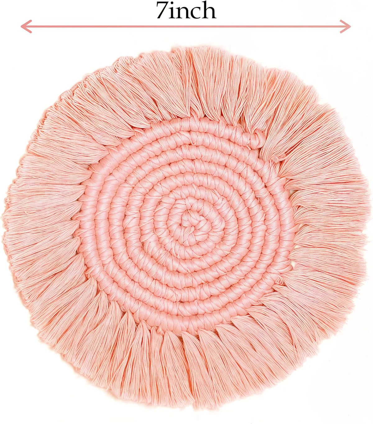 Boho Coasters Set of 2, Cute & Absorbent Drink Coasters for Mugs and Cups, Handmade Woven Macrame Cotton Coaster Pad, Home Decor Table Mat Housewarming Gift (Blush Pink)