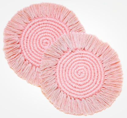 Boho Coasters Set of 2, Cute & Absorbent Drink Coasters for Mugs and Cups, Handmade Woven Macrame Cotton Coaster Pad, Home Decor Table Mat Housewarming Gift (Blush Pink)